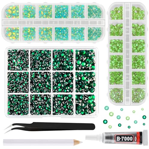 ASTARON Strass in resina verde per lavori artigianali, pietre preziose a dorso piatto da 2 mm a 6 mm, diamanti abbaglianti AB, per unghie, bicchieri, decorazione di tazze