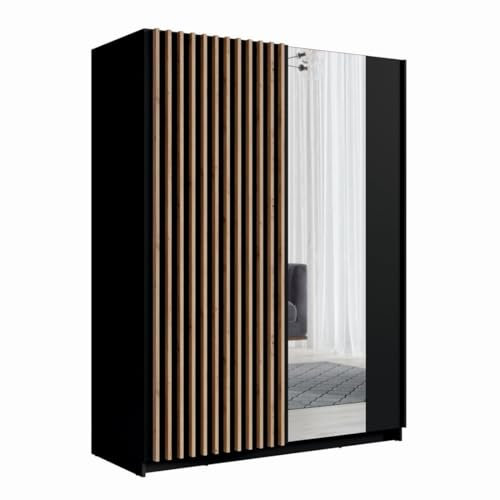 Armoire 2 Portes coulissantes avec Miroir 200 cm - Noir et chêne - Collection Strano
