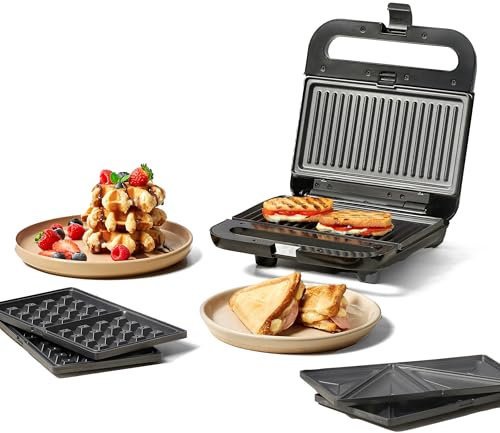 Ufesa Sandwichera 3 en 1 Robson, 850W, Placas Intercambiables Grill, Gofre y Sándwich, Antiadherentes 21,6x12cm, Indicador de Temperatura, Asa Fría, Cierre de Seguridad, Protección Sobrecalentamiento