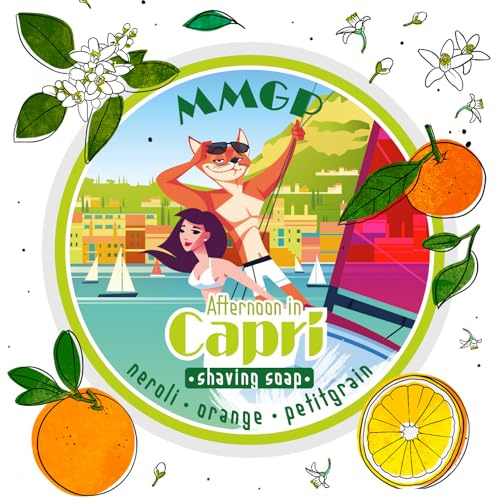 Savon à raser artisanal « Afternoon in Capri » (MMGP) – Fabriqué au Royaume-Uni – Néroli & Orange et Petitgrain – 7 beurres – Ingrédients entièrement naturels