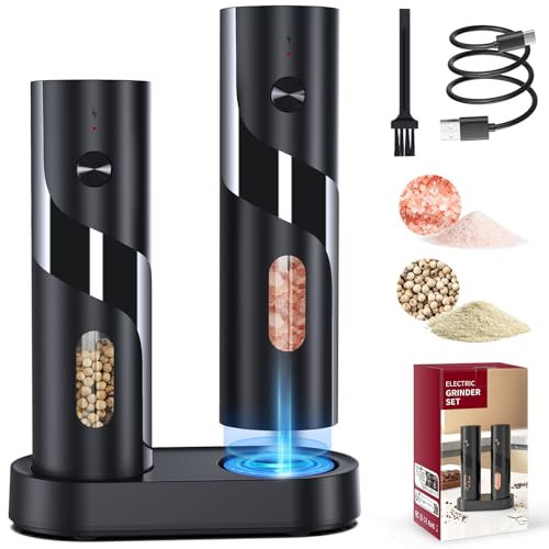 Homtronic Elektrische Salz und Pfeffermühlen 2er Set, Gewürzmühlenset Elektrische mit Wiederaufladbarer Basis, LED-Licht, USB Aufladung, 4 Grobstufen Verstellbar, Automatisches Mahlen, für Küche BBQ
