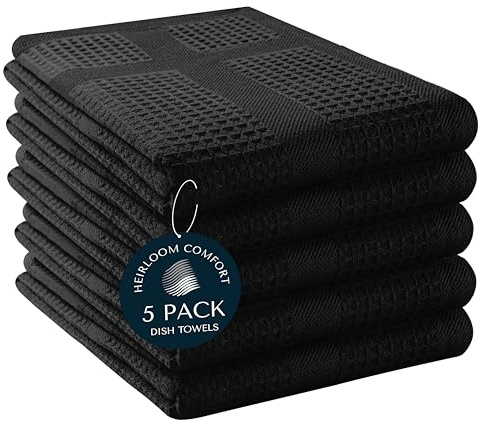 HEIRLOOM COMFORT 5 Pack Black Waffle Weave Kitchen Towels, 40x66 cm, 100% Cotton, Absorbent Dishcloth Set, Quick Drying, Durable for Cleaning, Wiping, Drying Dishes, Machine Washable Dish Towel