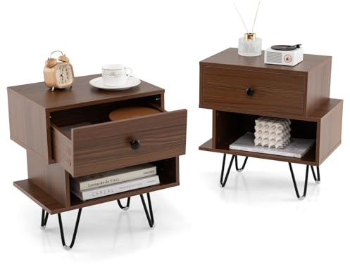 COSTWAY Table de Chevet Lot de 2 avec Tiroir, 4 Pieds en Métal Surélevés, Chevet de Lit Bois avec Compartiment, Design Irrégulier, Table de Nuit pour Chambre, Salon (Noyer)