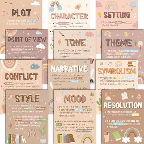 Pasimy 12 Pcs Boho Literary Elements Posters Set Literature Classroom Decorations Story Elements Bulletin Board Educational Art Prints Rainbow Study Materials for Teacher School (Yellow Boho)
