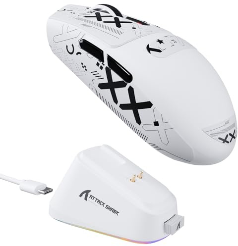 ATTACK SHARK G3PRO Souris de Jeu sans Fil avec Station de Charge Magnétique, Capteur PixArt PAW3311, 25000 DPI, Bluetooth/2,4GHz/Filaire, 59g Ultra-légère Souris pour PC/Xbox/Mac-Blanc et Ruban