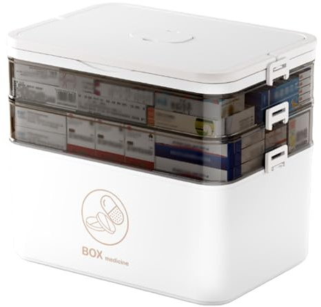 PORFOYO 3 Etagen Medikamenten Aufbewahrung, Hausapotheke Box, 30x16,5x24 cm Medizinbox, Medikamentenbox Groß, Multifunktions Medikamenten Organizer, Aufbewahrungsbox Weiß, Erste-Hilfe-Koffer