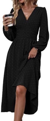 HUXRAKV Casual Wrap Dresses for Women UK Elegante Ladies V Neck Long Lantern Sleeve Ruffled Waist Maxi Party Dress,37-Black,M