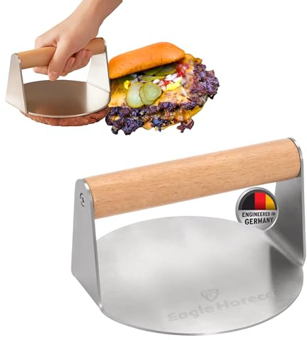 Presse à hamburger Smasher de qualité supérieure - Extra lourde - Manche en bois d'acacia de 14 cm - En acier inoxydable - Accessoire de barbecue professionnel pour barbecue plat - Presse à hamburger