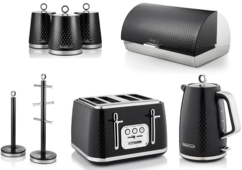 Swan Elegance Black 1.7L Kettle, 4 Slice Toaster, Breadbin, Canisters, Mug Tree and Towel Pole. Contemporary Matching Kitchen Set with a Premium Textured Black Finish