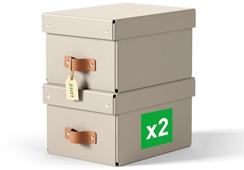 Leitz Puro Aufbewahrungsbox mit Deckel, Klein, 2er-Set, stapelbar, 7 L, Organizer-Box für Regale und Schränke, aus FSC-Karton, für Büro und Home Office, 20 x 26 x 15 cm, Beige, 61470012