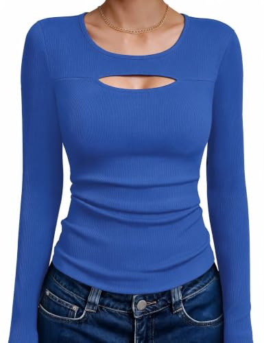 Aottori Camiseta de Mujer Manga Larga Acanalado Elástico con Cuello Redondo | Detalle Cut Out, Corte Ajustado, Tejido Ligero, Estilo Casual, Estilo Elegante, Forma de Túnica