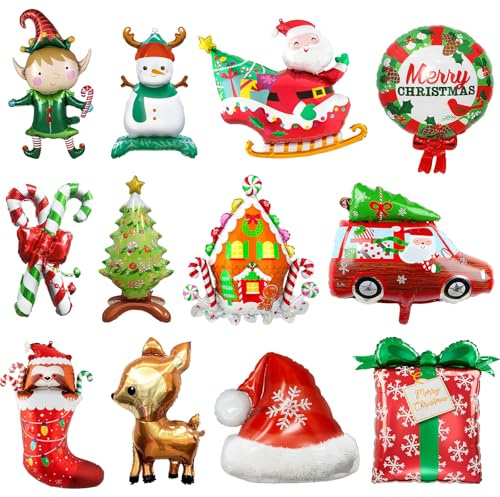 GWAWG 12 Stück Weihnachten Folienballon Party Dekoration Weihnachtsmann Schneemann Candy Haus Schneeflocke Große Helium Ballons Silvester