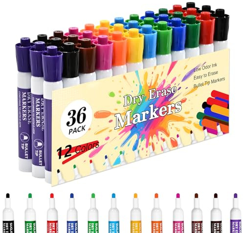 SUQJOY Stylos pour tableau blanc, marqueurs pour tableau blanc effaçables à sec, pointe ogive, faible odeur, nettoyage à l'éponge, bouchon résistant au rouleau, 12 couleurs, lot de 36