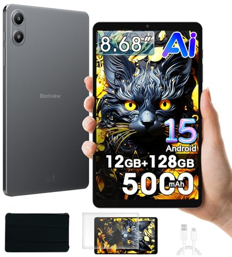 Blackview Link 2 8 Zoll Tablet Mini Android 15, 12GB+128GB/1TB Lesen Tablet, Gemini Al 2.0, Zwei Lautsprecher, 5G WiFi Tablette, 8MP AI Camera, 5000mAh, Widevine L1/3,5mm Klinke/OTG/Hülle, SchwarzL