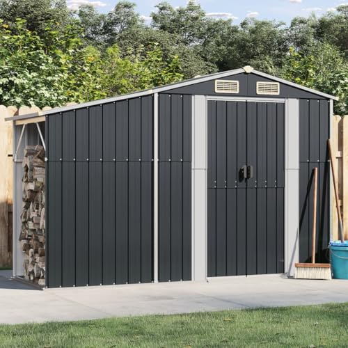 KKHOMEI Casetta da Giardino 277 x 107 x 179 cm, con Porta-Legna, Casetta per Attrezzi L in Metallo con Doppie Porte Scorrevoli, Tetto Inclinato, per Porta Attrezzi, Tosaerba, Antracite