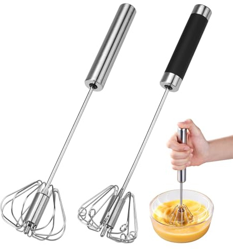 2 Pieces Egg Whisk Hand Push Whisk Blender, 5.5 x 25cm Stainless Steel Semi-Automatic Egg Beater, Hand Push Egg Beater, Rotating Pushes Mixer Stirrer for Baking, Whisking, Stirring(Black+Silver)