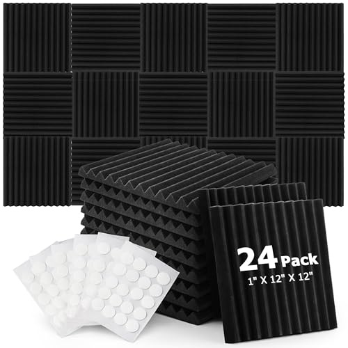 24 Pack Sound Proofing Panels: 30x30x2.5cm High Density Acoustic Wall Panels with Double Sided Tape Soundproofing Panel for Recording Studio Office Home