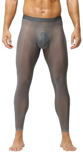 FEOYA Mens Activewear Leggings Sexy Thin Ice Silk Sheer Tights Glossy Transparent Skinny Trousers Casual Training Workout Yoga Pants Grey M