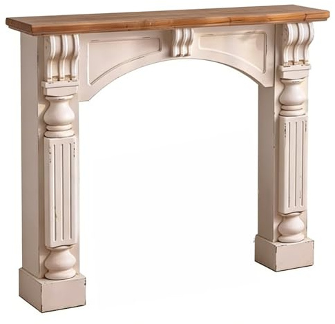 Kaminumrandung Distressed Vintage Kaminsims-Regal, handgeschnitztes Holz, dekorative Einfassung