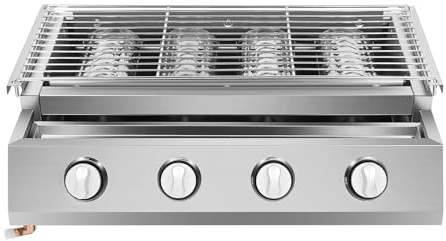 MEHOOSPVN Asador de gas de 4 quemadores de acero inoxidable, altura ajustable, parrilla de mesa extraíble, parrilla lateral para camping, balcón, jardín, pícnic