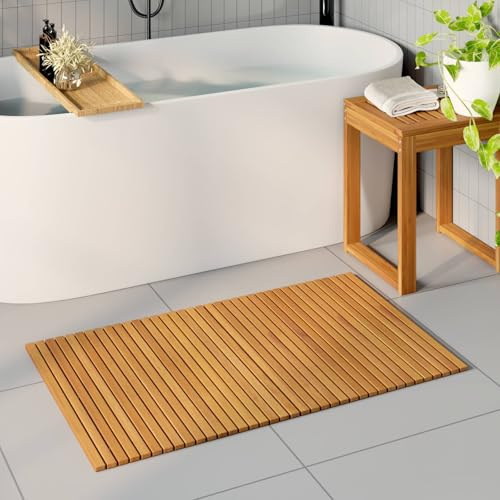 Kaloriko Tapis de Bain en Bois d Acacia Massif Marron 100 x 60 cm, caillebotis antidérapant, Tapis Fond Baignoire Douche Bain Salle, pour intérieur et extérieur, séchage Rapide