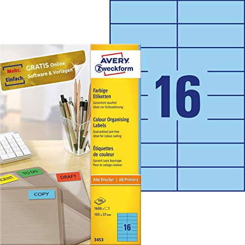 AVERY Zweckform 3453 Blaue Etiketten (1.600 Aufkleber, 105x37mm auf A4, permanent haftend, selbstklebende Farbetiketten, Papier matt, bedruckbare, farbige Klebeetiketten) 100 Blatt