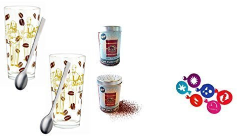 Schokostreuer + 6 Schablonen + Latte Macchiato Glas Set 2 Stück Barista mit Edelstahl Löffel von James Premium®