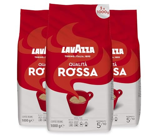 Lavazza Qualita Rossa Coffee Beans 1kg (3 Bags) | Intensity 5/10, with Aromatic Notes of Chocolate and Dried Fruit, Arabica and Robusta, Medium Roasting