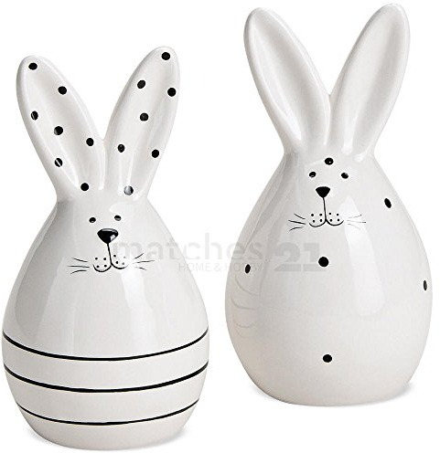 matches21 Osterhasen Hasen Dekoration Ostern Frühling Dekofiguren Porzellan weiß gepunktet 2er Set je 7x14x7 cm