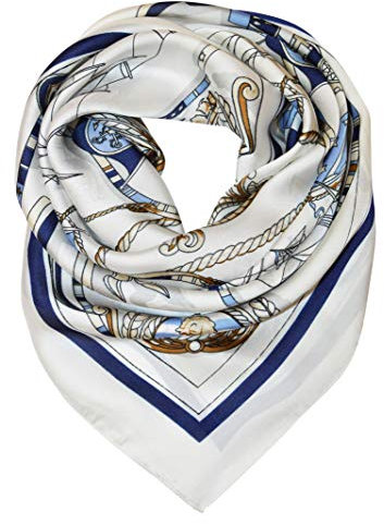 Damen Halstücher Quadratisch 70cm X 70cm Seide-Gefühl Seidig Schal Tuch mit Blumen & Maritim Muster Anker (Muster-2- Weiß/Blau)