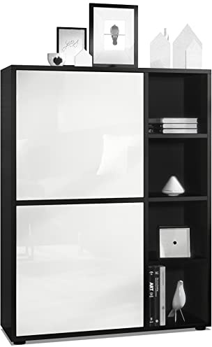 Vladon Highboard Schrank Anrichte Cuba mit 8 Fächern, Made in Germany, Korpus in Schwarz matt/Fronten in Weiß Hochglanz