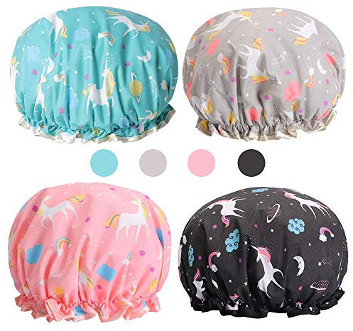 Cuffia doccia, 4 Pcs Riutilizzabile Impermeabile Cuffia da Bagno Donna Elastica Grande Showe Caps, Unicorno Donne Capelli Protezione per Donna Doccia Spa Salon Bagno Uso Domestico