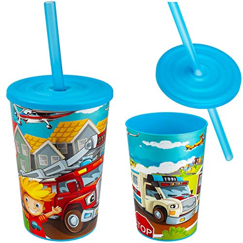 alles-meine.de GmbH Trinkbecher/Trinkhalmbecher - Auto - Fahrzeuge & Feuerwehr - mit Strohhalm & Deckel - BPA frei - 310 ml - Kunststoff Plastik - Trinklernbecher - Trinkflasch..