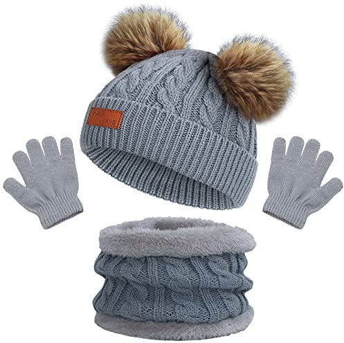 beifon Cappello a Maglia Bambini Invernale Sciarpa Guanti Berretto in Maglia con PomPom Ragazzi Berretto Sciarpa Beanie Cappello Scaldacollo per Ragazzo e Ragazza（3-8 anni） (Grigio)