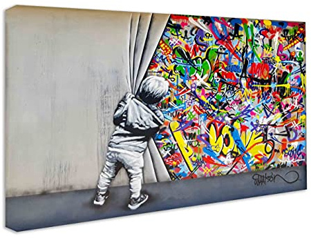 Wandbilder Bilder Banksy like - Junge hinter dem Vorhang - Wandbild auf Leinwand, hochwertige Streetart graffiti Kunstdruck I Wanddekoration XXl fertig zum Aufhängen (70x100 cm)