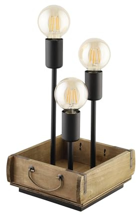 EGLO Tischlampe Wootton, 3 flammige Tischleuchte Vintage | Nachttischlampe aus Holz in Braun und Metall in Schwarz, Wohnzimmerlampe, Lampe mit Schalter, E27