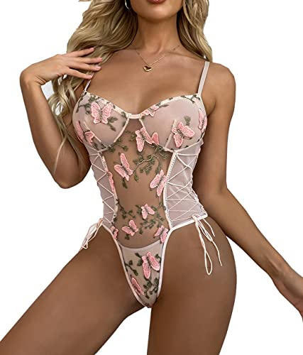 marysgift Plus Size Bodysuit Transparent Baby Doll Mesh Leotard Lace Nightwear Embroidery Jumpsuits See Through Lingerie for Women Pink 2XL UK 14 16