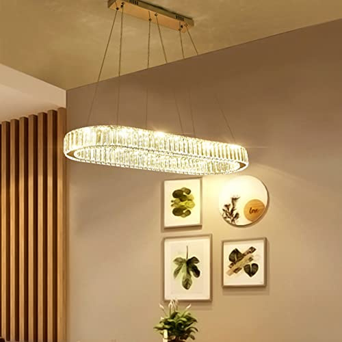 JMrider LED Pendelleuchte K9 Kristall Hängeleuchte Einfach Moderne Kronleuchter Edelstahl Dimmbar Mit Fernbedienung Höhenverstellbar Pendellampe Für Schlafzimmer Wohnzimmer Esszimmer Hängelampe,90cm