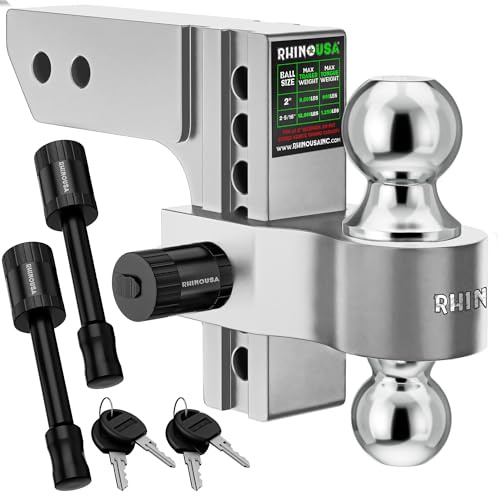 Rhino USA Adjustable Trailer Hitch (Fits 2-Inch Receiver) - Heavy Duty Aluminum Tow Hitches with 6-Inch Drop/Rise for Truck (12,500 LBS GTW) - Weatherproof Double Anti-Theft Locking Hitch Pin (Silver)