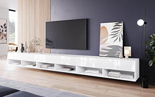 MINIO go for it - TV-Schrank Anne, Lowboard mit Türen und Regalen - LED | 300x30x33 cm, Offene Nischen, Laminierte Spannplatte, Farbe: Weiß Matt / Weiß Hochglanz - mit LED Beleuchtung