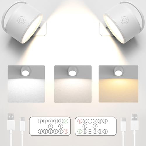 HELPLEX Wandleuchte Innen, 2 Stück Wandlampe mit Fernbedienungen, Dimmbar Wandleuchten mit Akku, 3 Farbmodi, 360°Drehbare Bildleuchte Kabellos für Wohnzimmer Schlafzimmer Treppenhaus Flur Weiß