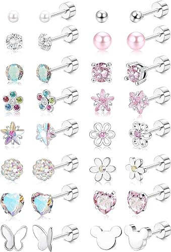 Diamday 16 par örhängen med skruvbaksida, allergivänliga för kvinnor och flickor, kirurgiskt stål, liten zirkonia, pärla, hjärta, blomma, skruvbaksida, örhängen, flerfärgade söta små, Klein, Rostfritt