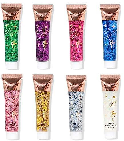 Body Glitter Gel, MKNZOME 8 Farben Festival Glitzer Gesicht Körperglitzer Glitzer Flüssiger Lidschatten für Gesicht Haare Lippen Nägel Make Up Halloween Festival Zubehör