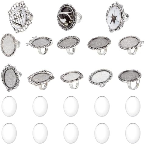 SUNNYCLUE 10 Stück Glas Cabochon Ringe Lünette Rohlinge Ovale Cabochon Ringe Blumen Vogel Retro Ring Komponenten Glas Cabochons Fingerring Rohlinge Im Tibet Stil Für Schmuckherstellungs Sets DIY Baste