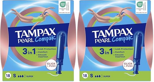Tampax Compak Pearl, Super, 18 Tampons Avec Applicateur, Flux Moyens à Abondants, Triple Confort avec Applicateur doux, MotionFit, Voile Douceur, Certifié Oeko-Tex (Lot de 2)