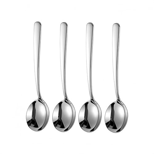 Txhlyx Lot de 4 grandes cuillères à soupe rondes en acier inoxydable SUS 304, épaisses et résistantes, passent au lave-vaisselle, 19 x 4 cm (argenté)