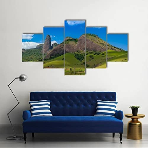Tableau Multi Panneau 5 Parties Toile 5 Pièces Ciel Bleu Herbe Montagne Wall Art Impression Sur Toile Intissee 5 Pieces Peinture Sur Toile Decoration Murale Salon Moderne (L/Avec Cadre 150-0A1Q+X3Q