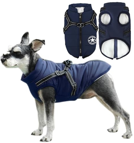 Voarge Hundejacke Winterweste Jacken, Hundemantel mit Geschirr für Kleine Hunde Hundemantel Wasserdicht Maschinen Waschbarer Reflektierender Streifen Design Haltbarer D-Ring (Blau, S)
