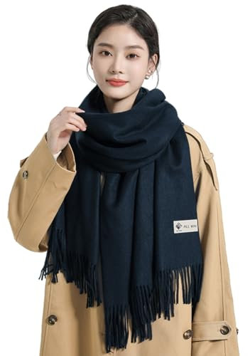 Jalach Schal mit Quasten/Fransen warm Herbst Winter Einfarbig Pashmina Schals Kaschmir Stolen 200 x 70 cm für Damen Herren (Dunkelblau)