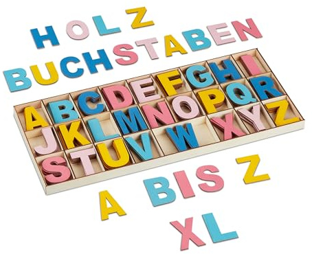 Relaxdays Holzbuchstaben Set, 208-tlg., Großbuchstaben A-Z, Deko-Buchstaben zum Basteln & Bemalen, mit Box, bunt